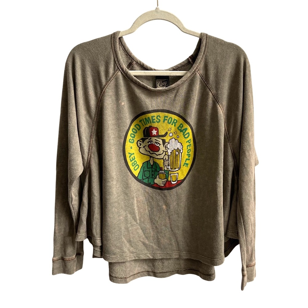 Obey Graphic Sweatshirt Women Small Brown Skater Streetwear Cropped Raglan Small
